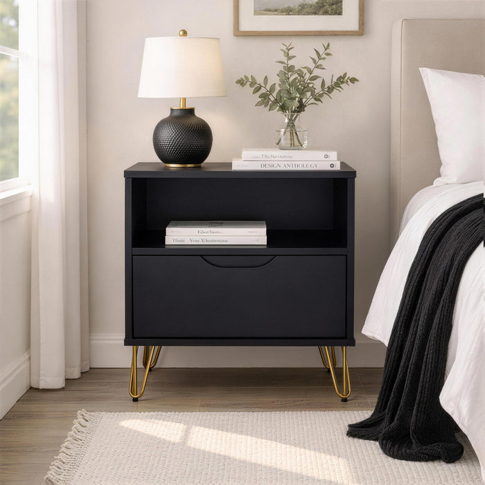 Avira Mid-Century Modern 20\" Nightstand in Black (1-Drawer)