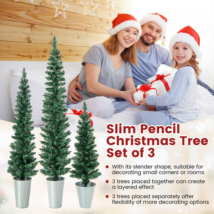 Costway Potted Artificial Christmas Tree Set Of 3 With 3/4/5 Ft Faux Slim Pencil Trees