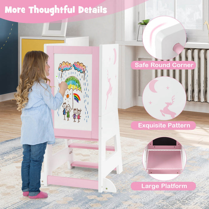 Costway Toddler Kitchen Stool Helper Baby Standing Tower With Chalkboard & Whiteboard Pink