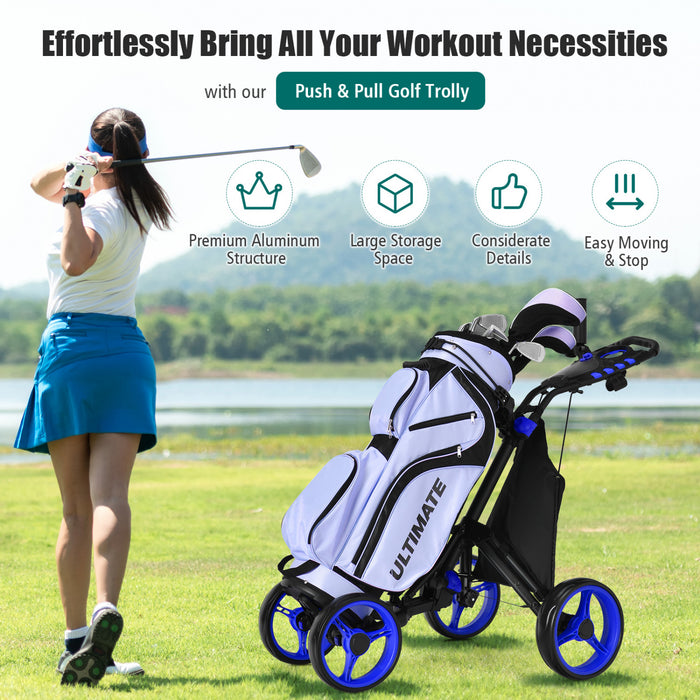 Goplus Folding 4 Wheels Golf Push Cart W/bag Scoreboard Adjustable Handle Blue