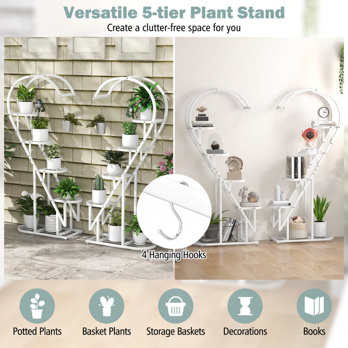 Costway 5 Tier Metal Plant Stand Heart-shaped Shelf With Hanging Hook For Multiple Plants White