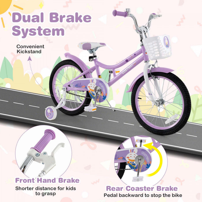 Costway 18\" Girl Bike With Basket Detachable Training Wheels Adjustable Seat Handbrake Coaster Brake Purple