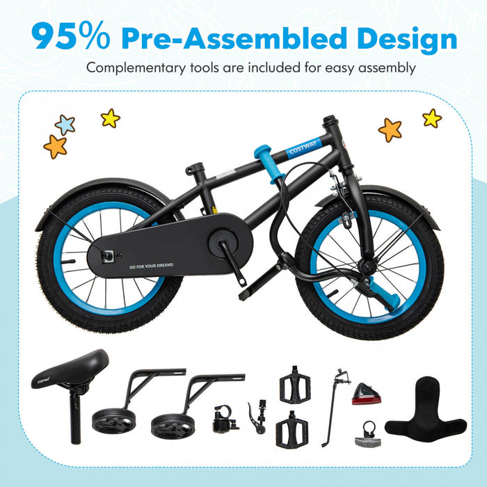 Costway 18\" Kids Bike With Adjustable Saddle Handlebar Removable Training Wheels Handbrake Black