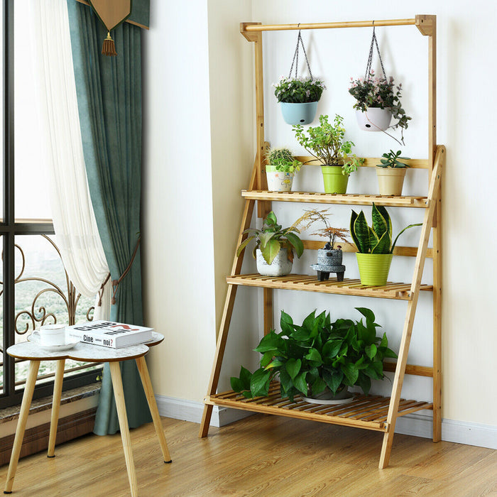 Costway 3 Tier Bamboo Hanging Folding Plant Shelf Stand Flower Pot Display Rack Bookcase