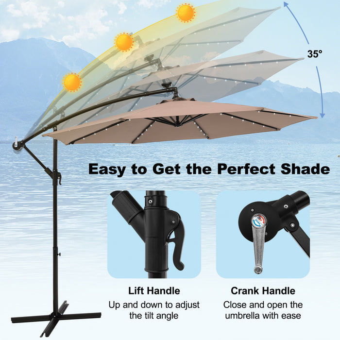 Costway 10 Ft Patio Solar LED Offset Umbrella 40 Lights Crank Cross Base Tan