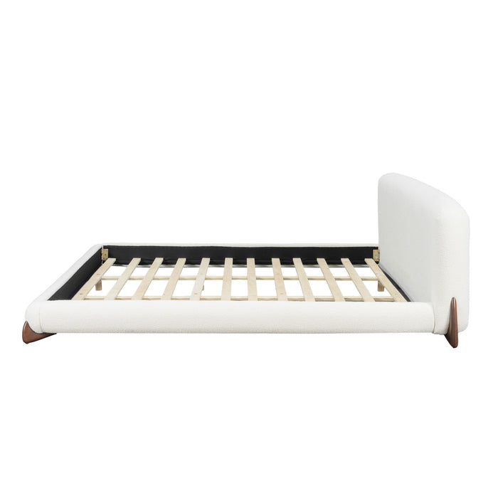 Emma Low Profile Platform Bed Frame with Curved Headboard and Boucle Upholstery, King Size,Cream White King Bed