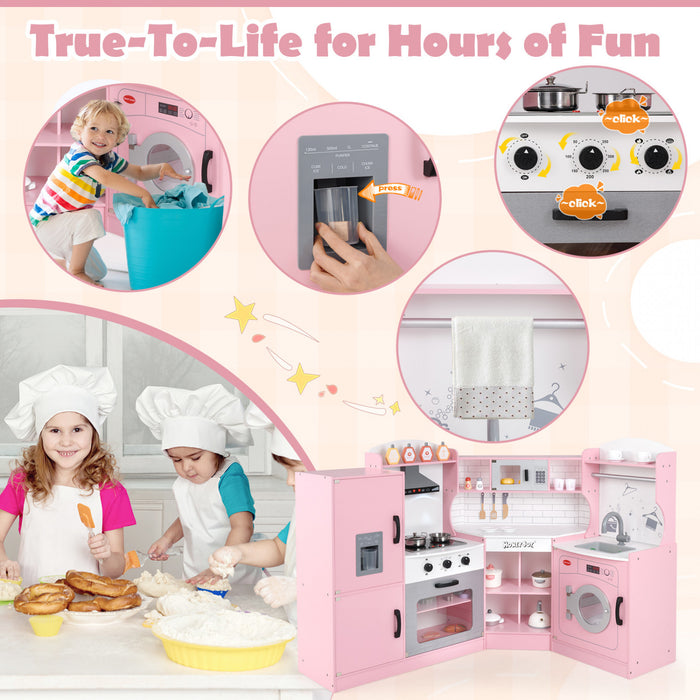 Honeyjou Corner Play Kitchen Toddler Kitchen Playset With Range Hood, Ice Maker, Microwave Pink