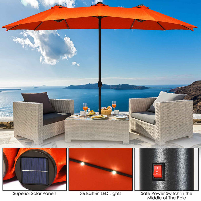 Costway 15Ft Patio Double-Sided LED Market Umbrella Crank Solar Powered Orange