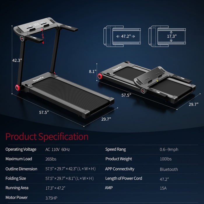 Superfit 3.75hp Folding Treadmill Electric Running Machine W/bluetooth App Self-standing