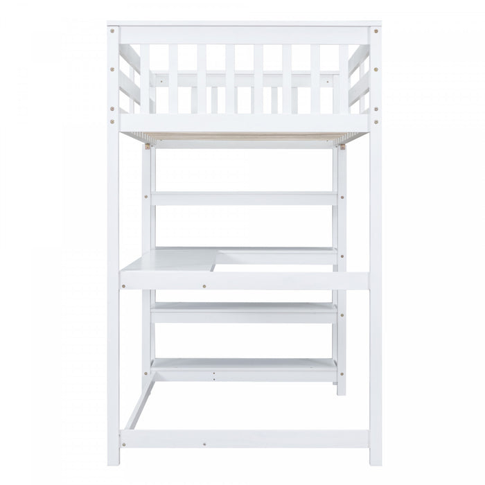 Victoria Twin Loft Solid Wood Bed With Desk, Storage Shelves, Led Light, White
