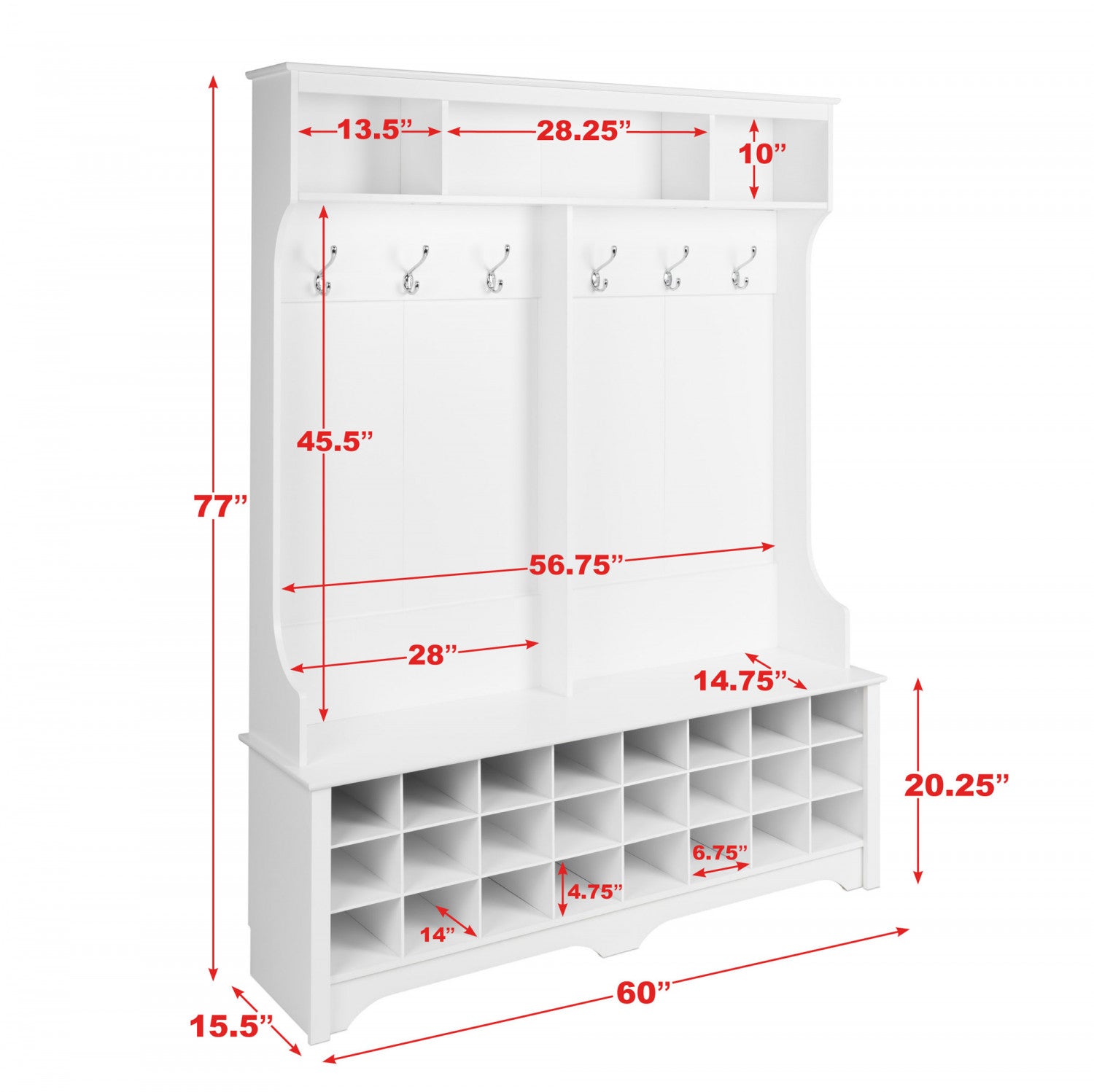 Hall Tree with 24 Shoe Cubbies White The Brick