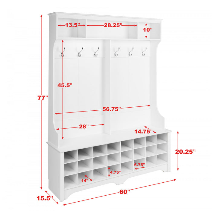 Hall Tree with 24 Shoe Cubbies - White