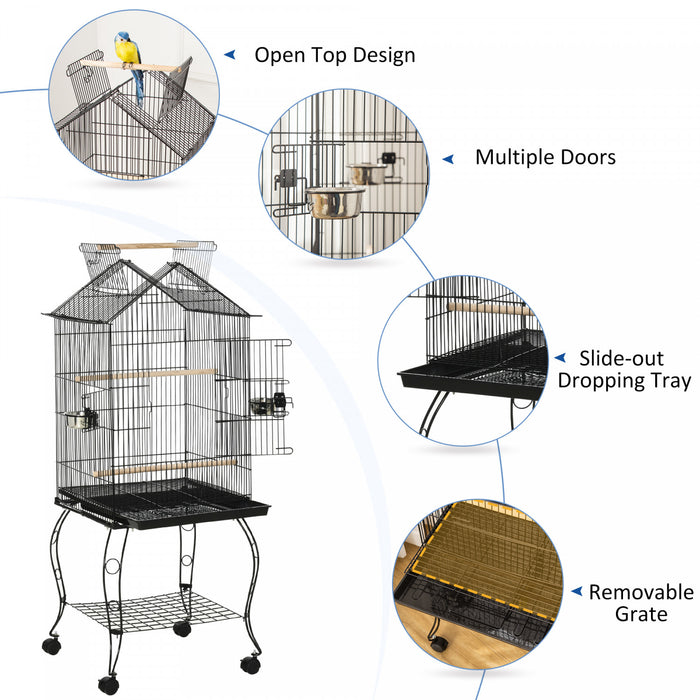 Pawhut Bird Cage 57 Inch Flight Cage For Cockatiel, Conure With Rolling Stand, Pull Out Tray, Storage Shelf, Open Top, 0.75\" Bar Spacing