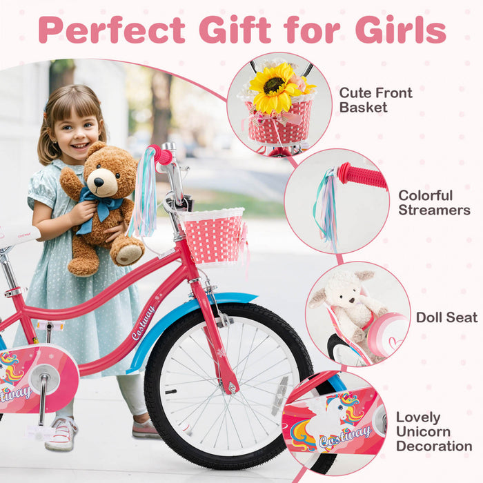 Costway 18\" Kids Bike For 4-8 Years Old With Basket Doll Seat & Colorful Streamers Kickstand Pink