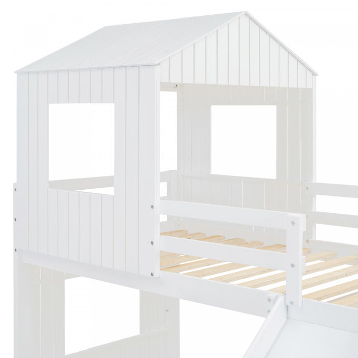 Marico Twin Over Solid Wood Full Bunk Bed With Slide, Playhouse Design, White