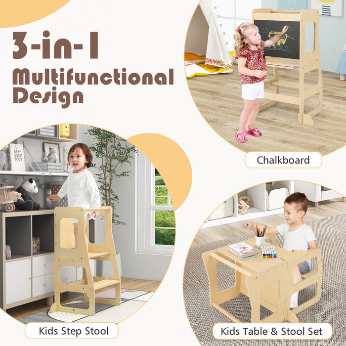Costway 3-in-1 Foldable Kitchen Standing Tower For Toddlers With Chalkboard Weaning Table Natural