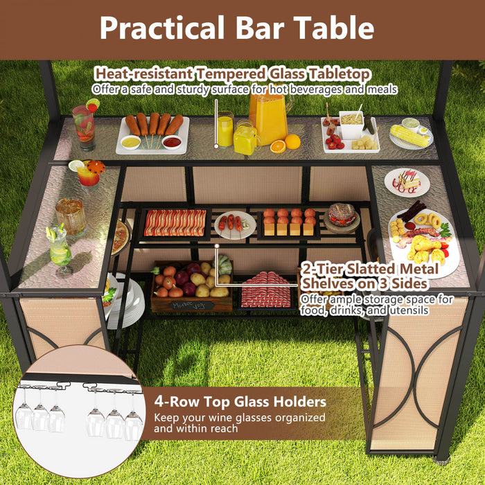 Costway 6.5 X 4 X 8 Ft Grill Gazebo Set With 2 Bar Stools, Tempered Glass Bar Table Brown