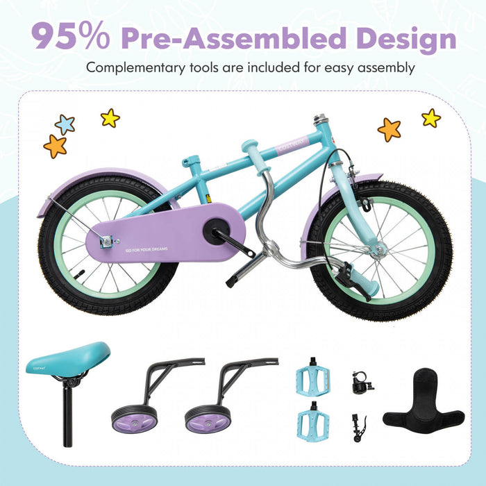 Costway 14\" Kids Bike With Adjustable Saddle Handlebar Removable Training Wheels Handbrake Blue