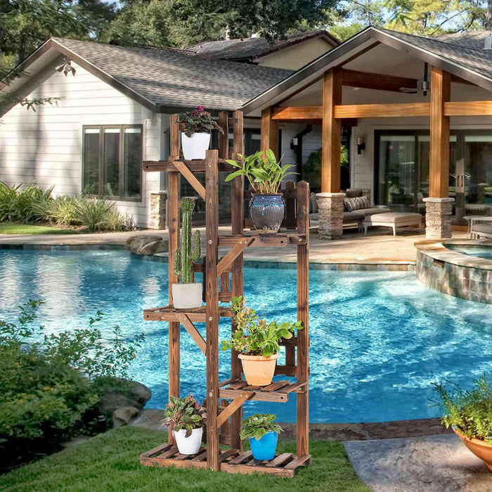 Costway 5-tier Flower Rack Wood Plant Stand 6 Pots Display Shelf Multifunctional Rack