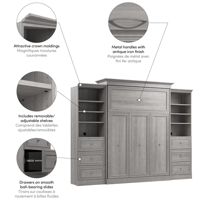 Bestar Versatile Queen Murphy Bed and Two Closet Organizers with Drawers (115 W) - Platinum Grey