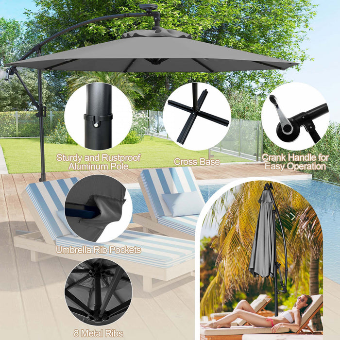 Costway 10FT Patio Offset Umbrella Sun Shade Solar Powered LED 360° Rotation Gray