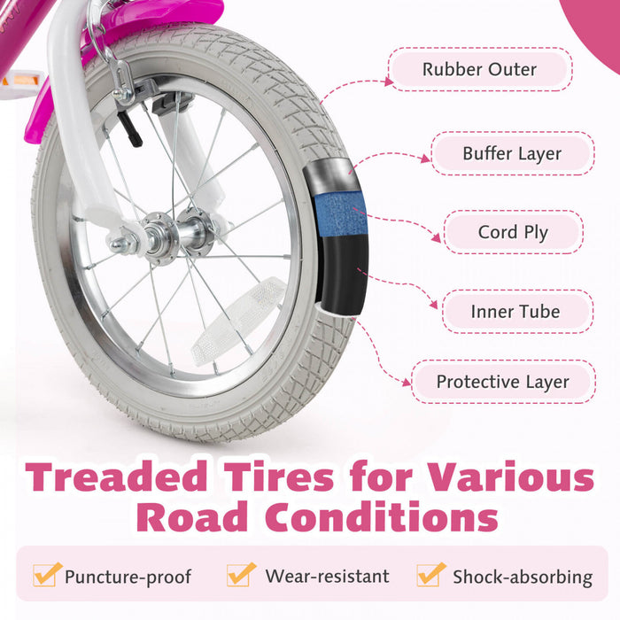 Costway 14\" Kids Bike With Training Wheels Doll Seat Basket Streamers Hand Brake Pink