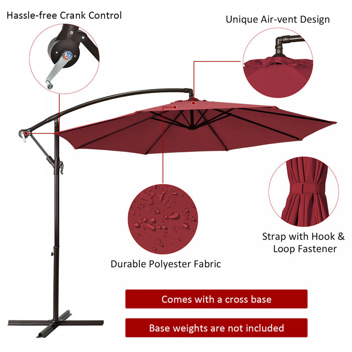 Costway 10FT Patio Offset Hanging Umbrella Easy Tilt Adjustment 8 Ribs Backyard Burgundy