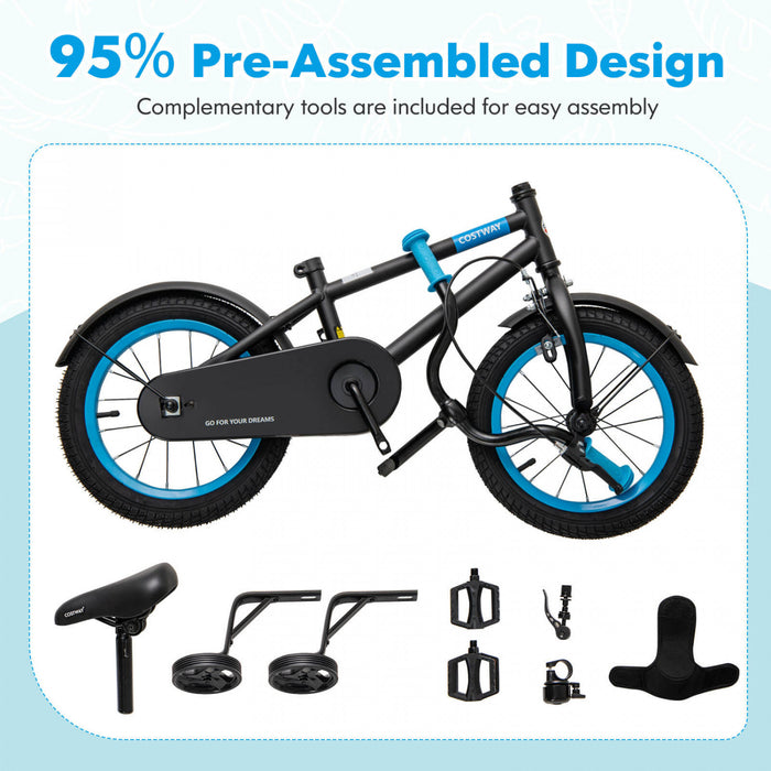 Costway 14\" Kids Bike With Adjustable Saddle Handlebar Removable Training Wheels Handbrake Black