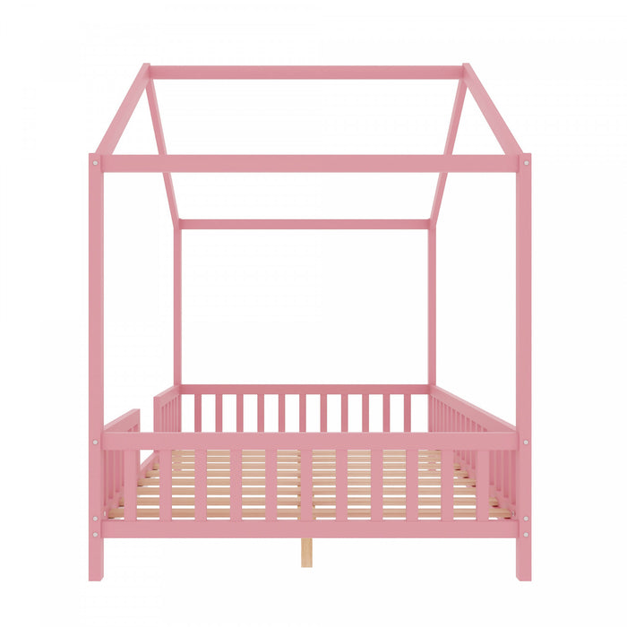 Paul Montessori Floor Bed with Canopy and High Railings,Full Size, Pink Full Bed
