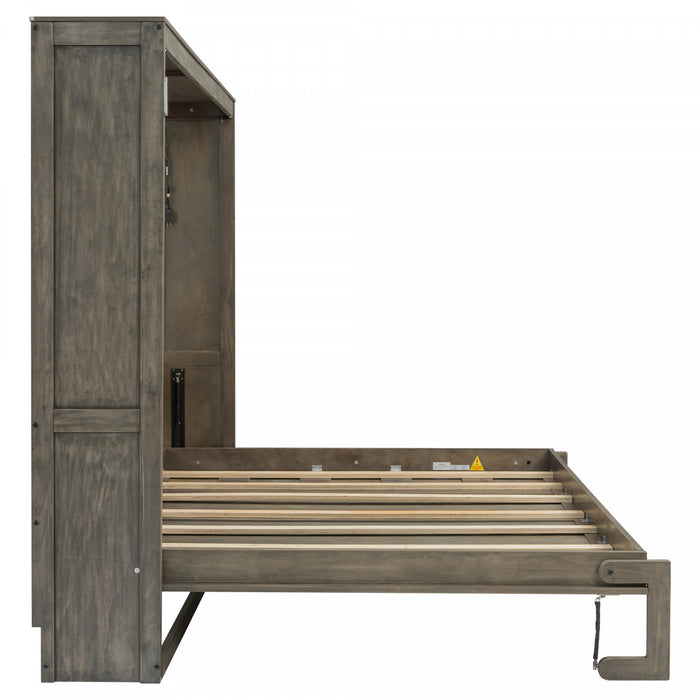 Olivia Solid Wood Murphy Bed with LED Light and Foldable Cabinet,Queen Size,Brown Queen Bed