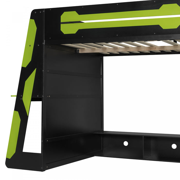 Olivia Wood Loft Bed with Desk and Multi-storage Shelves,RGB Light,Green Full Bed