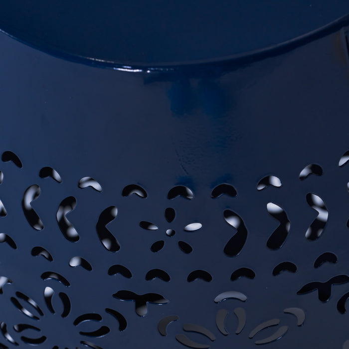 Phoenix Indoor 12\" Barrel Shape Iron Side Table With Lace-cut Design, Navy Blue