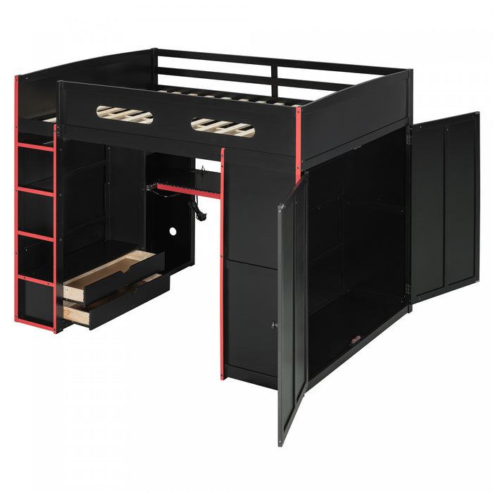 Jerry Wood Loft Bed with Desk and Storage,Full Size,Red Full Bed