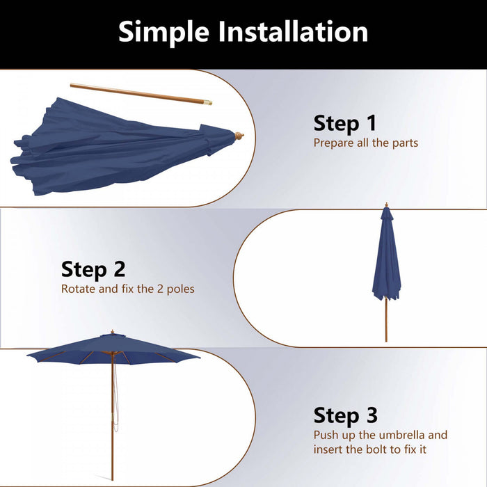Costway 10FT Patio Wooden Market Table Umbrella Pulley with 8 Bamboo Ribs Sunshade Canopy Navy