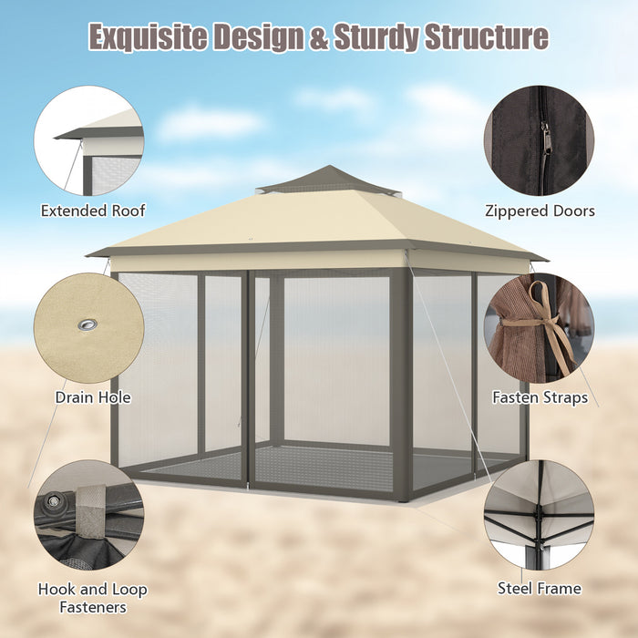 Costway 11'x11' 2-tier Pop-up Gazebo Tent Portable Canopy Shelter Carry Bag Mesh Brown
