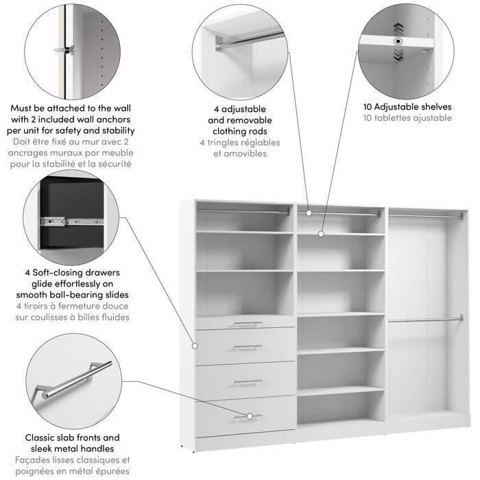 Bestar Florence 107\" Modular Walk-In Closet System with Rods, Shelves and Drawers Slab Style - White