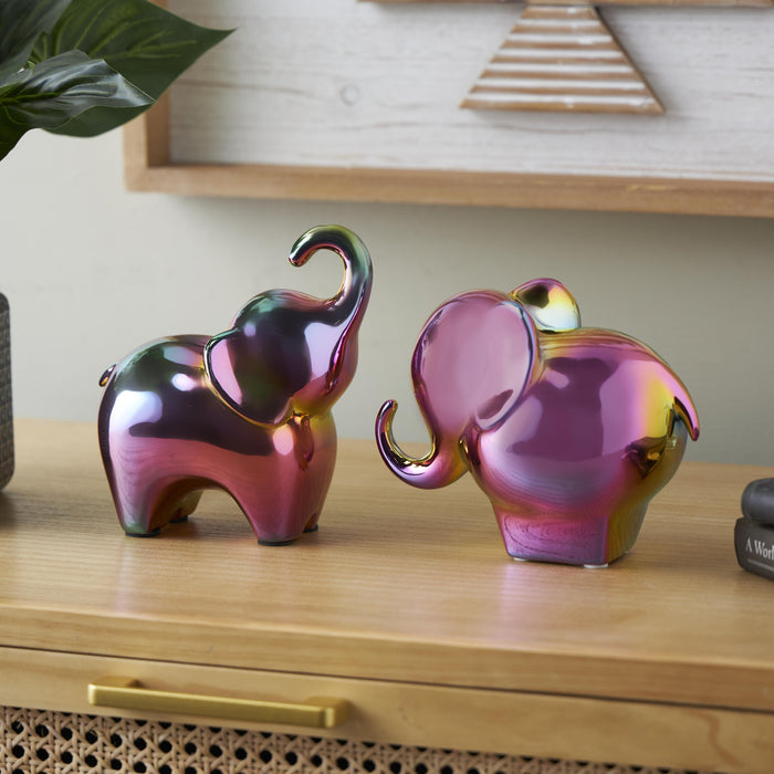 Ceramic 6\" Iridescent Elephant Sculpture - Set of 2
