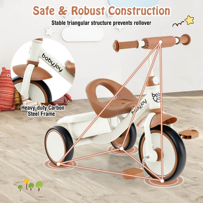 Babyjoy Kids Tricycle Toddler Trike With Adjustable Seat & Storage Basket 3 Wheel Bike Beige
