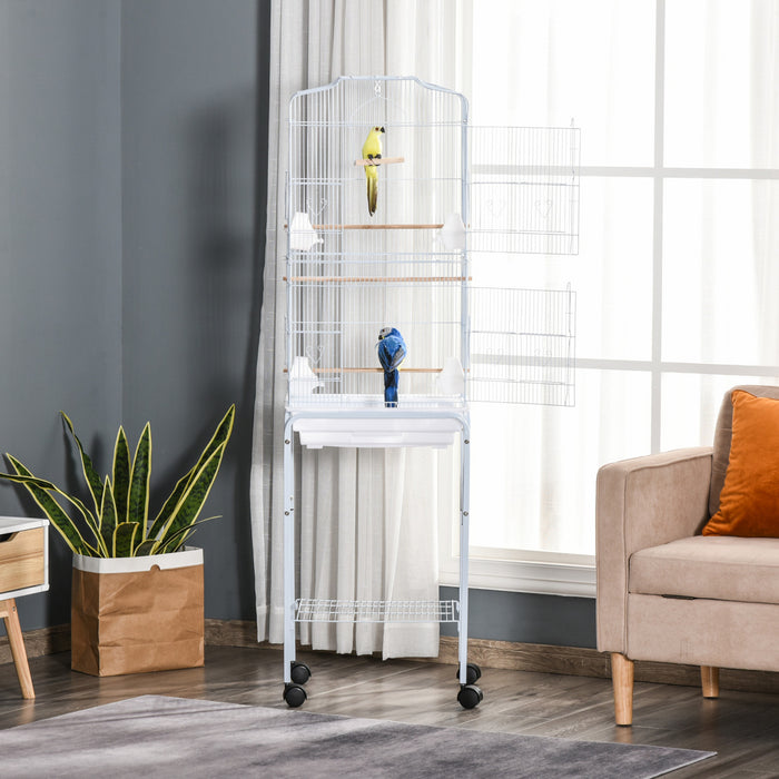 Pawhut 62\" Bird Cage Budgie Cage With Wheels, Detachable Stand, Storage, White