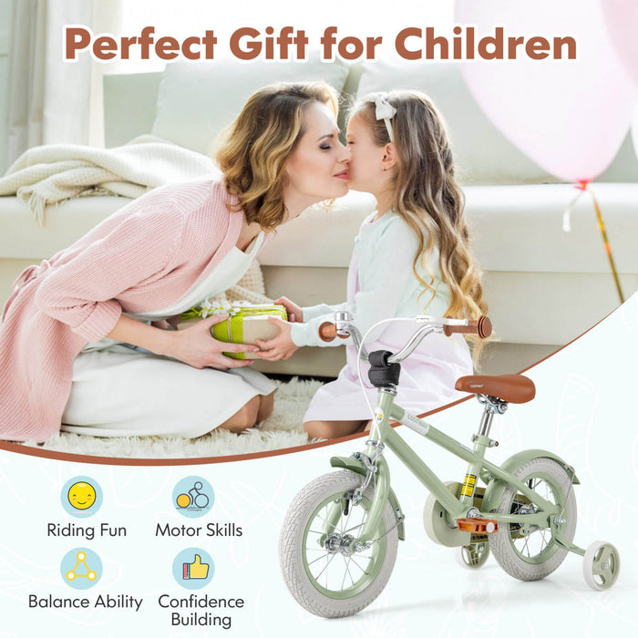 Costway 12\" Kids Bike With Adjustable Saddle Handlebar Removable Training Wheels Handbrake Green