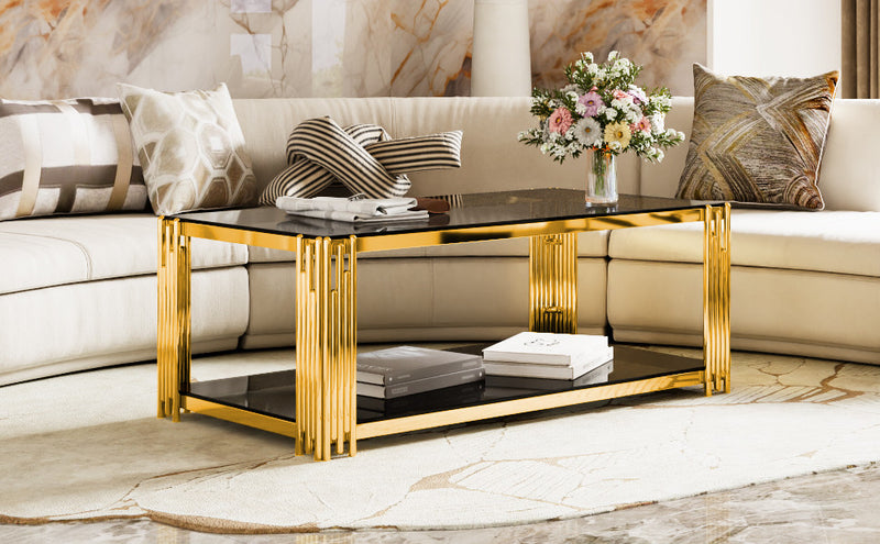 Aria 47.5 Inch Modern Rectangular Coffee Table with Asymmetrical Gold Frame and Mirror Top, Black