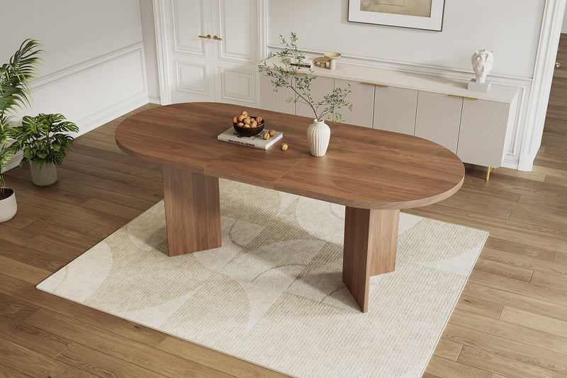 Ovalux 79 Inch Modern Oval Dining Table with Dual Pedestal Base and Wood Finish, Walnut