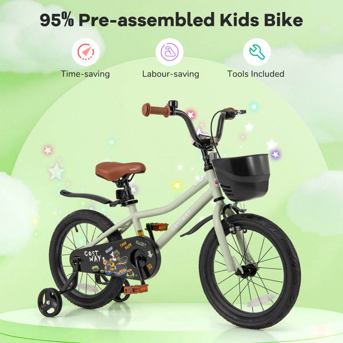 Costway 16\" Kid's Bike With Training Wheels Adjustable Handlebar & Seat Handbrake Green