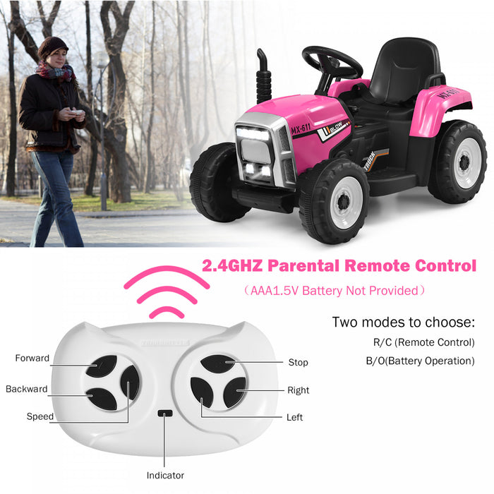 Costway 12v Kids Ride On Tractor With Trailer Ground Loader W/ Rc & Lights Pink