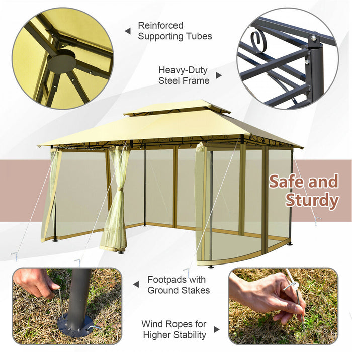 2-tier 10'x13' Steel Gazebo Canopy Tent Shelter Patio Garden Outdoor Netting Beige
