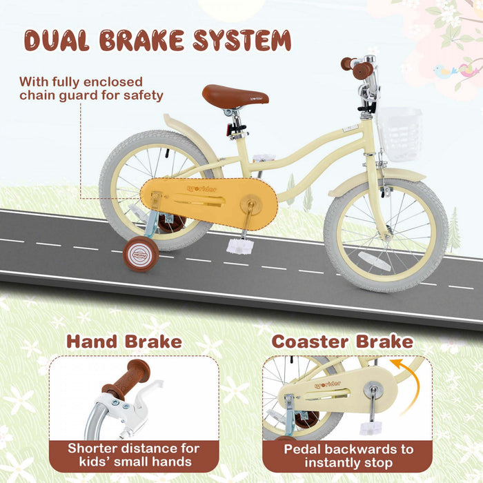 Prorider 16\" Kids Bike Toddler Adjustable Bicycle With Training Wheel For 4-7 Years Old Girl Beige