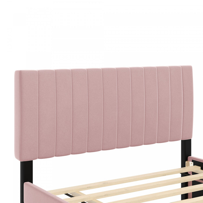 Ethan Space-Saving Velvet Upholstered Platform Bed with Trundle,Full Size,Pink Full Bed