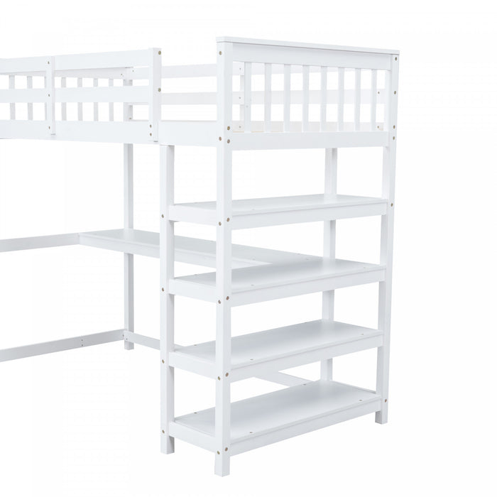 Victoria Twin Loft Solid Wood Bed With Desk, Storage Shelves, Led Light, White