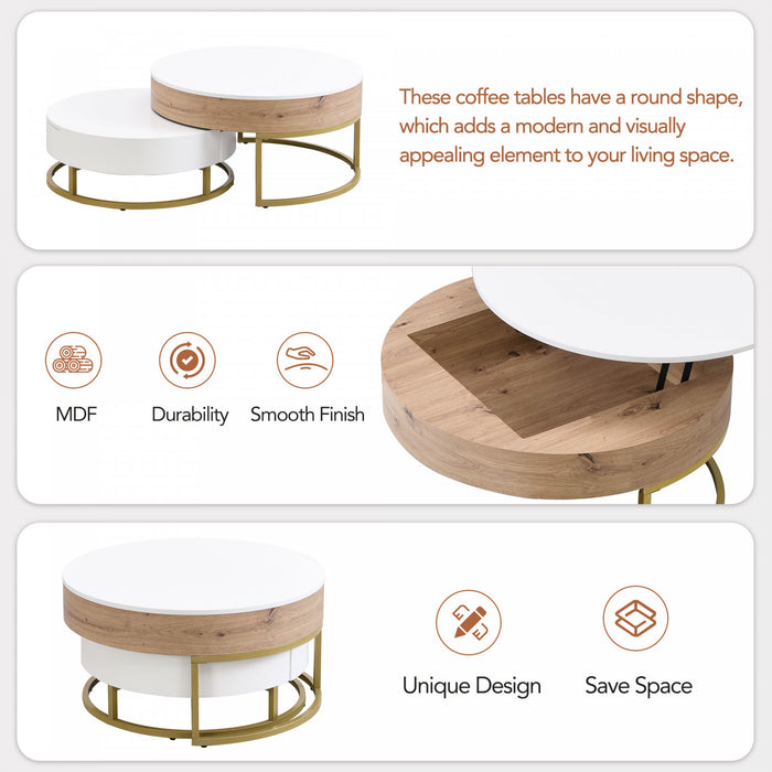 Sherry 31.5\" Round Engineered Wood Lift-top Nesting Coffee Table With Drawers, White