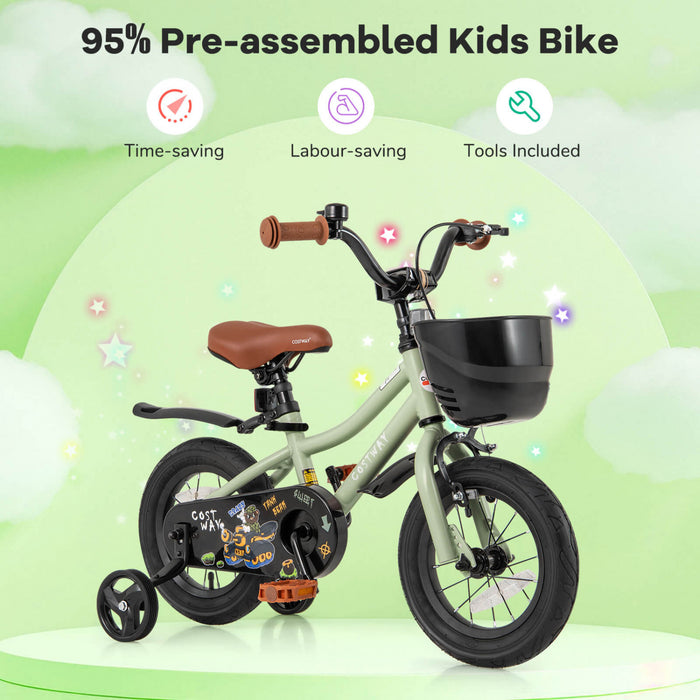 Costway 12\" Kid's Bike With Training Wheels Adjustable Handlebar & Seat Handbrake Green